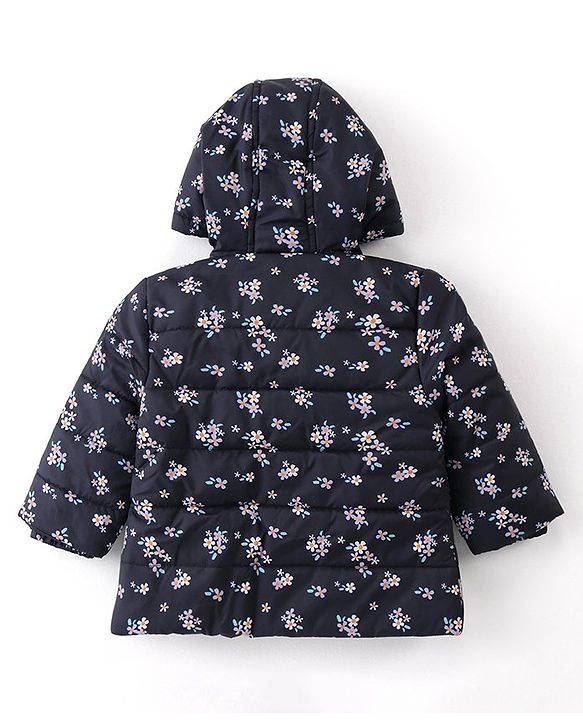 Babyhug Full Sleeves Front Open Padded Hooded Jacket with Floral Print - Blue