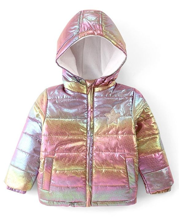 Babyhug Full Sleeves Front Open Padded Hooded Jacket with Holographic Design - Multicolour