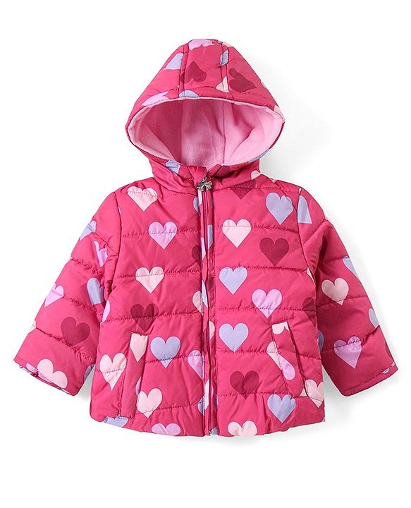 Babyhug Woven Full Sleeves Front Open Padded Hooded Jacket with Hearts Print - Pink
