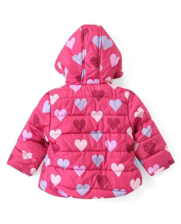 Babyhug Woven Full Sleeves Front Open Padded Hooded Jacket with Hearts Print - Pink