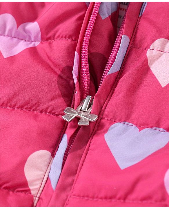 Babyhug Woven Full Sleeves Front Open Padded Hooded Jacket with Hearts Print - Pink