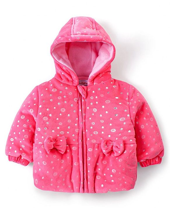 Babyhug Full Sleeves Hooded Sweatjacket With Polka Dot Design & Bow Applique - Pink