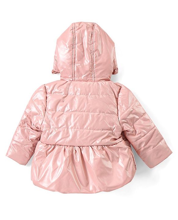 Babyhug Woven Full Sleeves Front Open Padded Hooded Jacket with Bow Applique - Pink