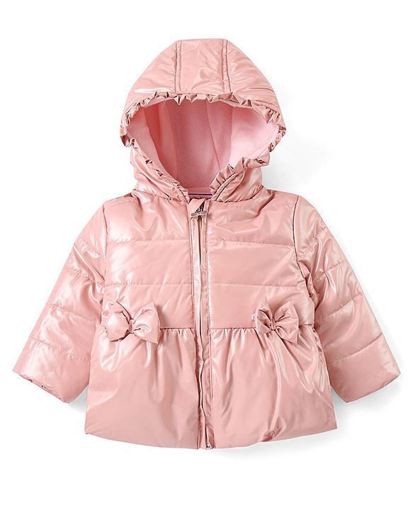 Babyhug Woven Full Sleeves Front Open Padded Hooded Jacket with Bow Applique - Pink