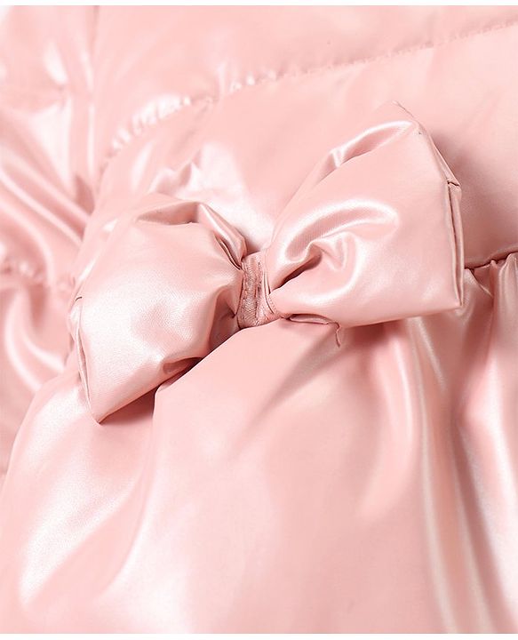 Babyhug Woven Full Sleeves Front Open Padded Hooded Jacket with Bow Applique - Pink