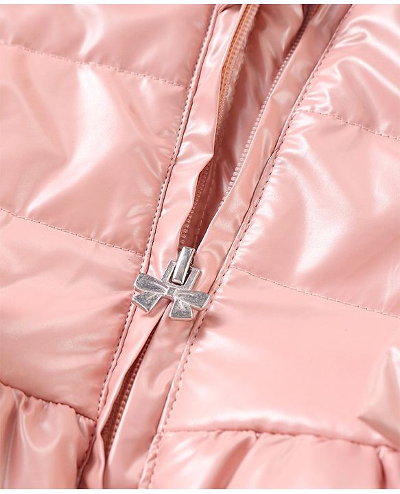 Babyhug Woven Full Sleeves Front Open Padded Hooded Jacket with Bow Applique - Pink