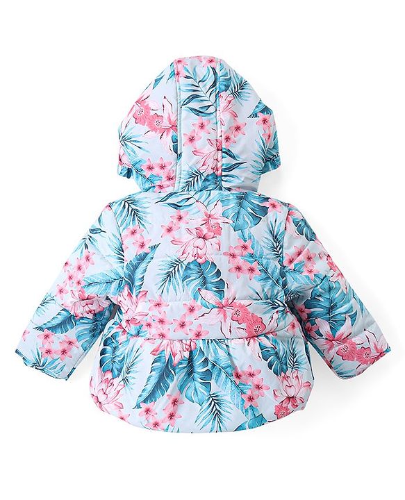 Babyhug Woven Full Sleeves Front Open Padded Hooded Jacket with Floral Print & Bow Applique - Pink