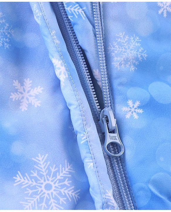 Babyhug Woven Full Sleeves Winter Wear Hooded Romper with Snowflake Print -  Blue