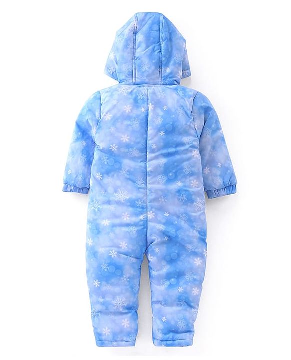 Babyhug Woven Full Sleeves Winter Wear Hooded Romper with Snowflake Print -  Blue