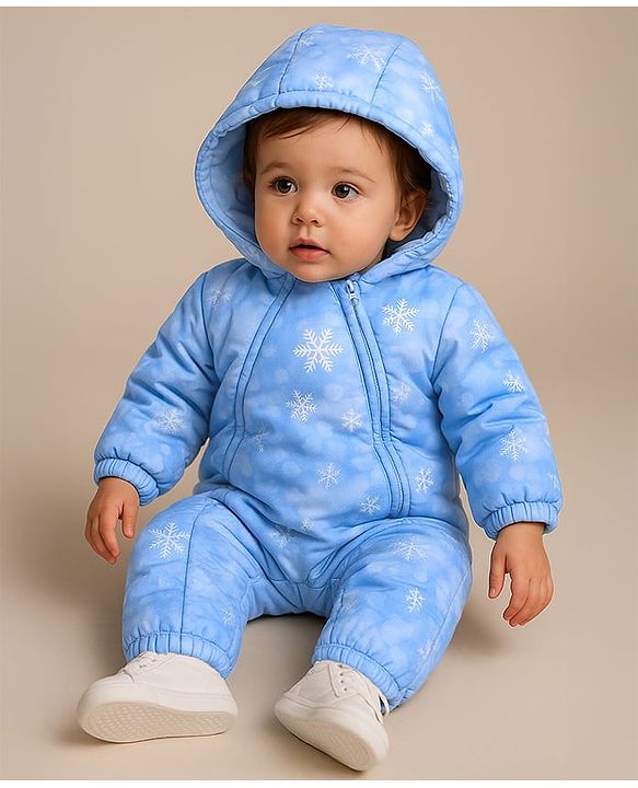 Babyhug Woven Full Sleeves Winter Wear Hooded Romper with Snowflake Print -  Blue