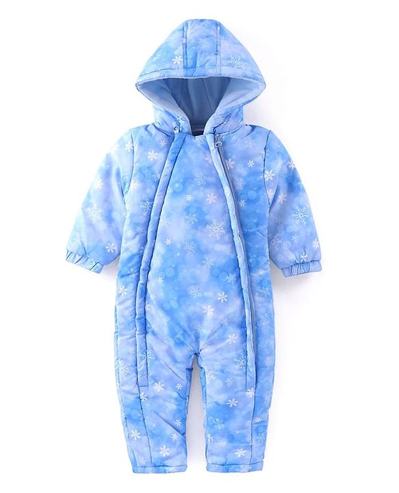 Babyhug Woven Full Sleeves Winter Wear Hooded Romper with Snowflake Print -  Blue