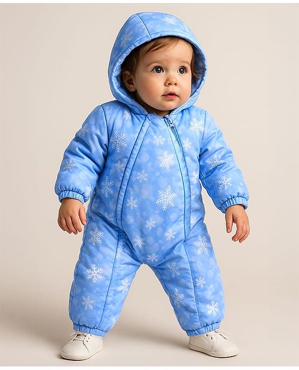 Babyhug Woven Full Sleeves Winter Wear Hooded Romper with Snowflake Print -  Blue