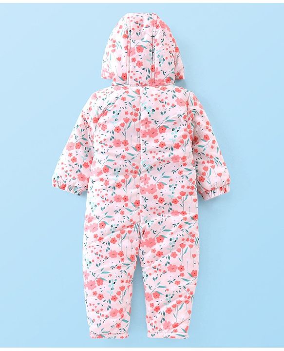 Babyhug Woven Full Sleeves Winter Wear Hooded Romper with Floral Print - Pink