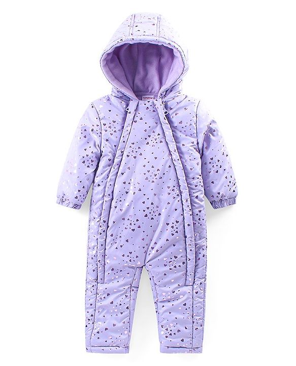 Babyhug Full Sleeves Hooded  Winter Romper Hearts Foil Print - Lavender