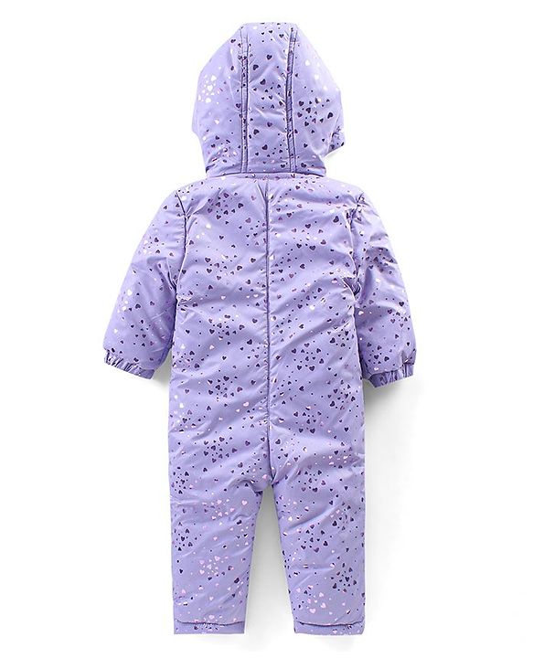 Babyhug Full Sleeves Hooded  Winter Romper Hearts Foil Print - Lavender