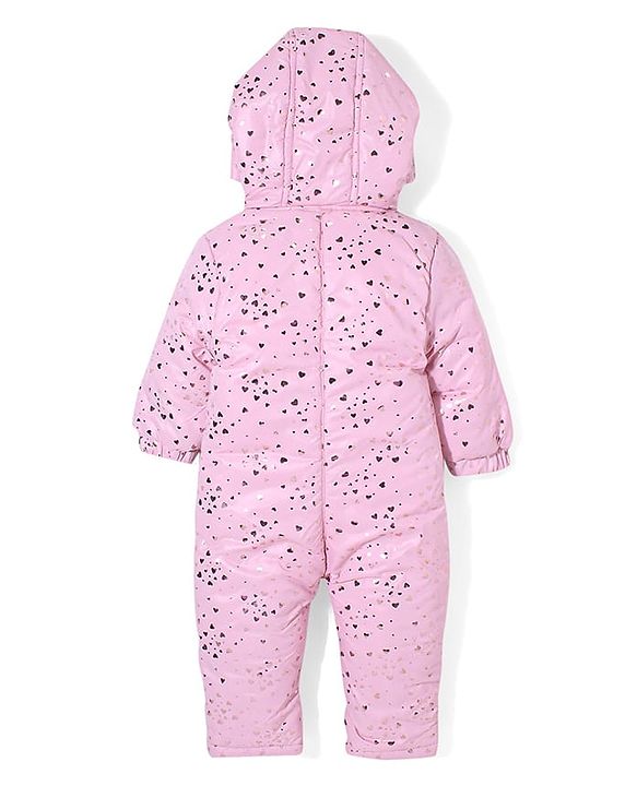 Babyhug Full Sleeves Hooded  Winter Romper Hearts Foil Print - Pink