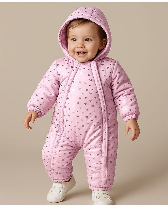 Babyhug Full Sleeves Hooded  Winter Romper Hearts Foil Print - Pink