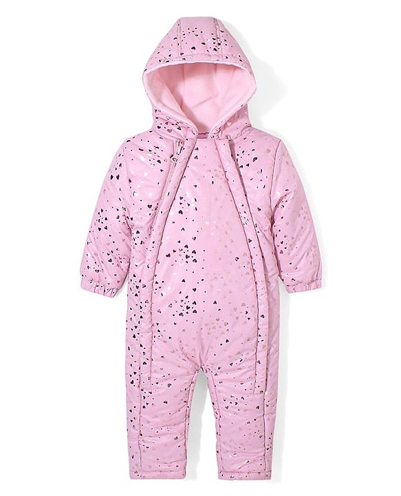 Babyhug Full Sleeves Hooded  Winter Romper Hearts Foil Print - Pink