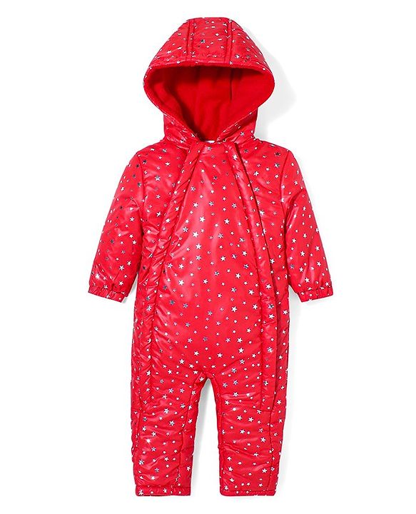 Babyhug Full Sleeves Hooded  Winter Romper Star Foil Print - Red