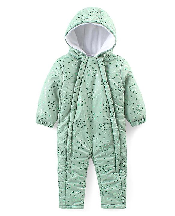 Babyhug Full Sleeves Hooded  Winter Romper Hearts Foil Print - Sea Green