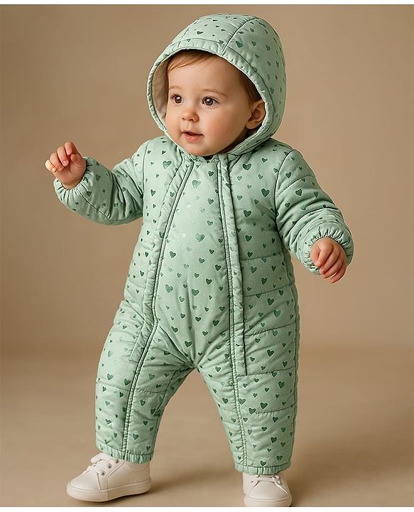 Babyhug Full Sleeves Hooded  Winter Romper Hearts Foil Print - Sea Green