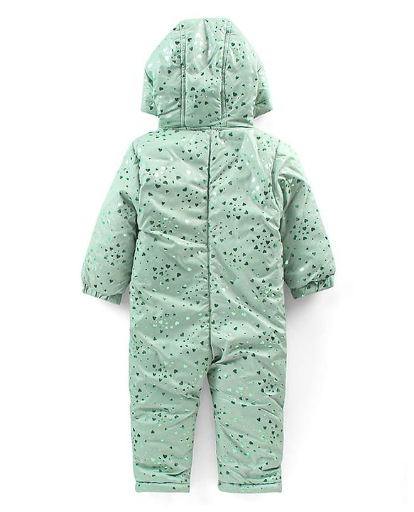 Babyhug Full Sleeves Hooded  Winter Romper Hearts Foil Print - Sea Green