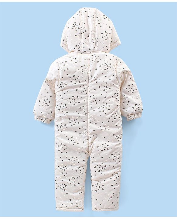 Babyhug Full Sleeves Hooded  Winter Romper Hearts Foil Print - White