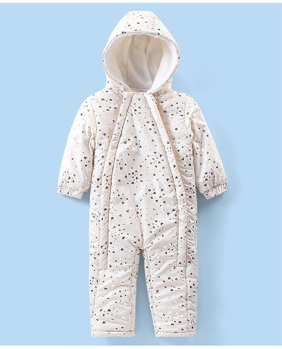 Babyhug Full Sleeves Hooded  Winter Romper Hearts Foil Print - White
