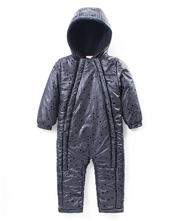 Babyhug Full Sleeves Hooded  Winter Romper Hearts Print - Black