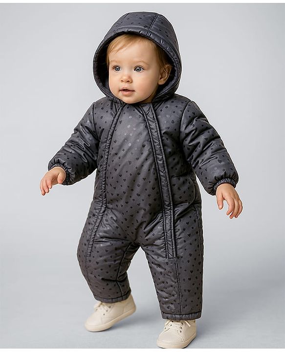 Babyhug Full Sleeves Hooded  Winter Romper Hearts Print - Black