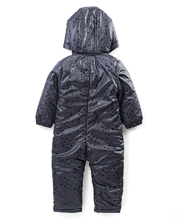 Babyhug Full Sleeves Hooded  Winter Romper Hearts Print - Black