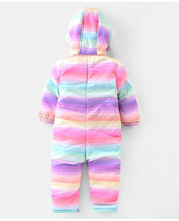 Babyhug Woven Full Sleeves Winter Wear Hooded  Striped Romper - Multicolour