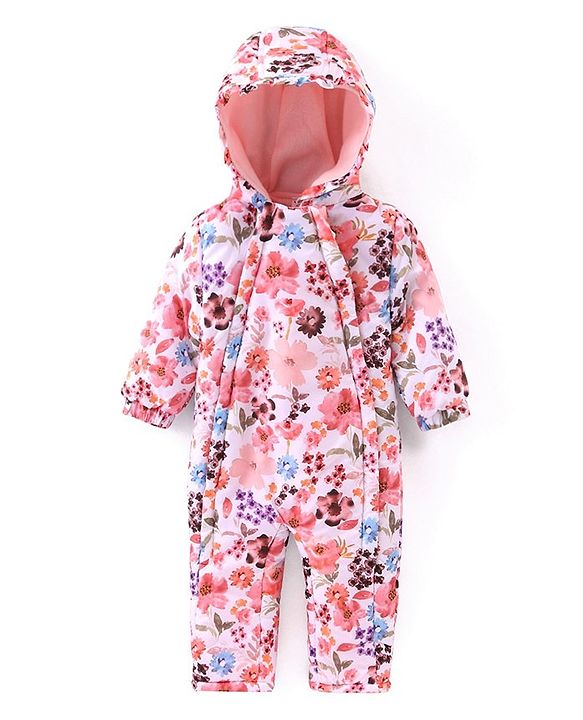 Babyhug Woven Full Sleeves Winter Wear Hooded Romper with Floral Print - Multicolour
