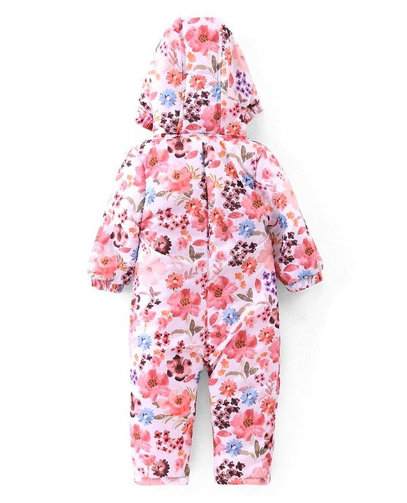 Babyhug Woven Full Sleeves Winter Wear Hooded Romper with Floral Print - Multicolour
