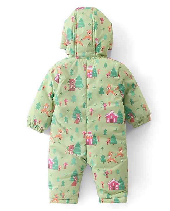 Babyhug Woven Full Sleeves Hooded   Winter Romper with Zipper Christmas Theme - Limegreen