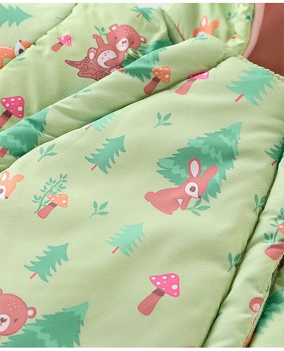 Babyhug Woven Full Sleeves Hooded   Winter Romper with Zipper Christmas Theme - Limegreen
