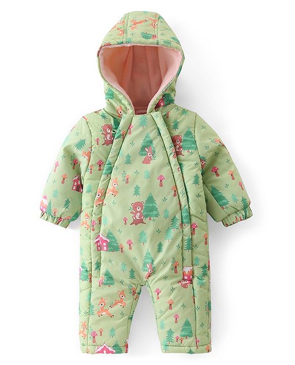 Babyhug Woven Full Sleeves Hooded   Winter Romper with Zipper Christmas Theme - Limegreen