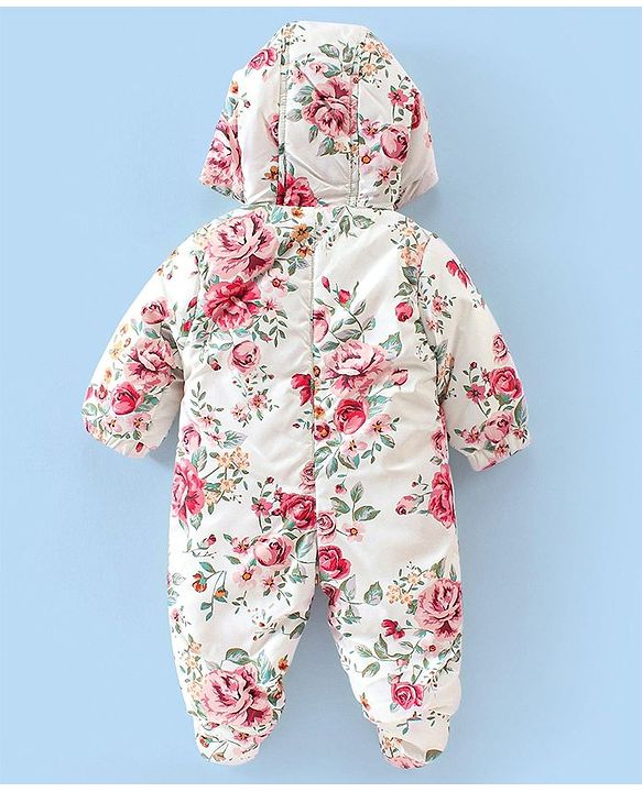 Babyhug Woven Full Sleeves Hooded Romper Floral Print - White