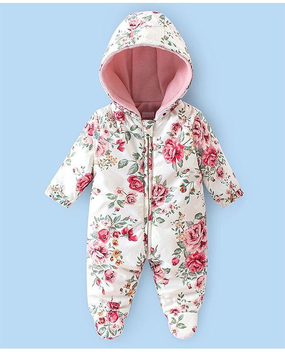 Babyhug Woven Full Sleeves Hooded Romper Floral Print - White