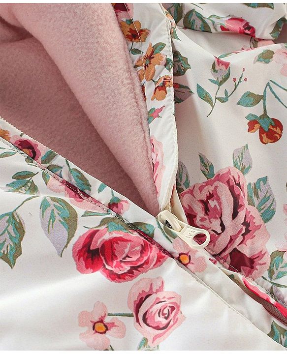 Babyhug Woven Full Sleeves Hooded Romper Floral Print - White