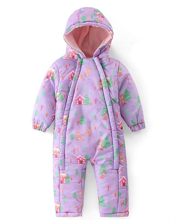Babyhug Woven Full Sleeves Hooded  Winter Romper with Zipper Christmas Theme - Purple