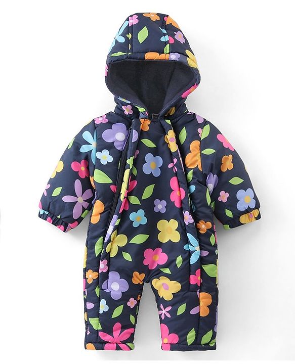 Babyhug Woven Full Sleeves Hooded Romper With Floral Print - Navy Blue