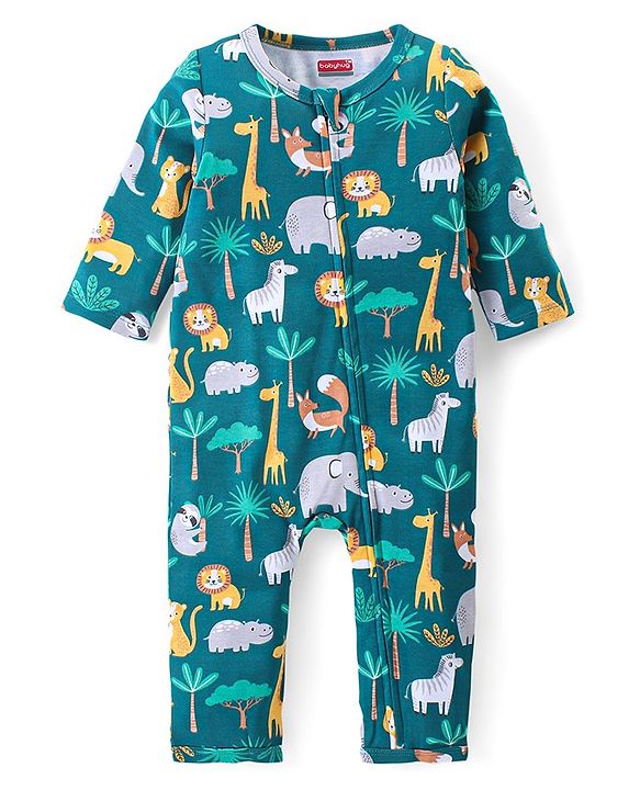 Babyhug 100% Cotton Knit Full Sleeves Romper Animal Print - Dark Green