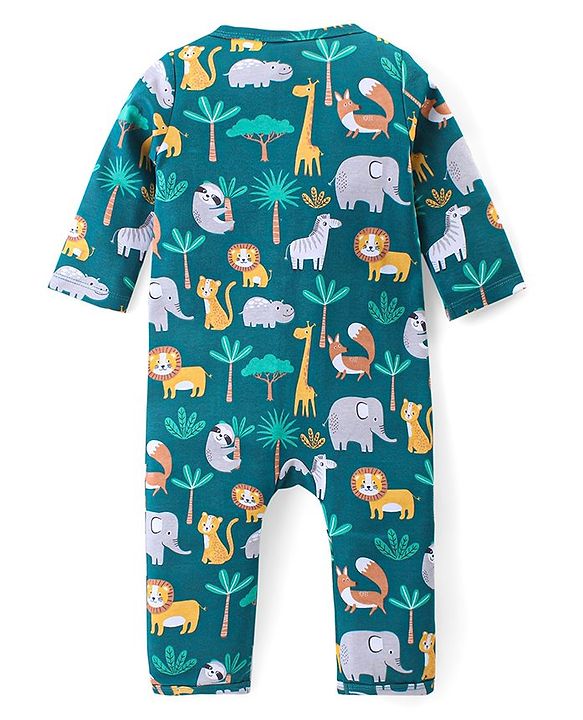 Babyhug 100% Cotton Knit Full Sleeves Romper Animal Print - Dark Green