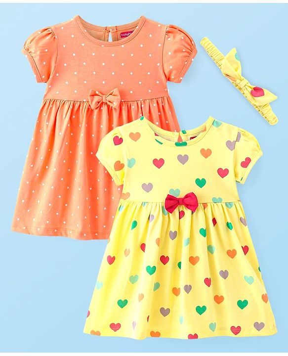 Babyhug Single Jersey Knit Half Sleeves Polka Dot & Heart Printed Frocks With Bow Applique & Headband Pack of 2 - Orange & Yellow