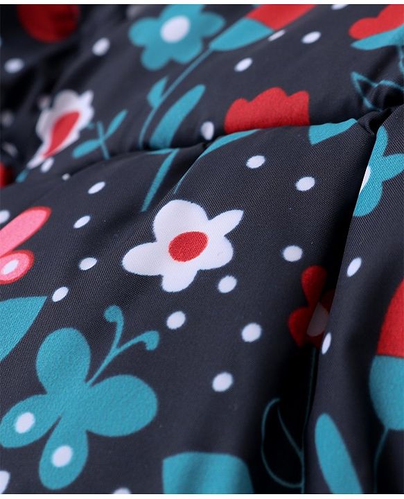 Babyhug Woven Full Sleeves Hooded Puffer Winter Wear Suit With Floral Print - Blue