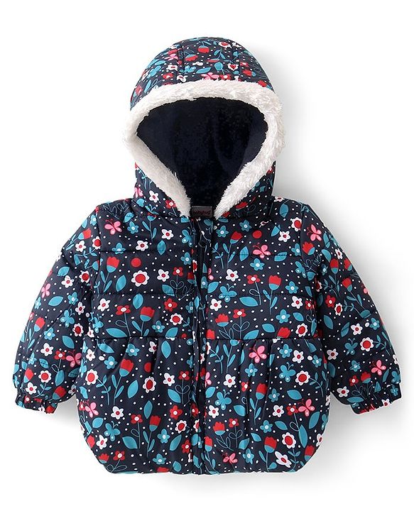 Babyhug Woven Full Sleeves Hooded Puffer Winter Wear Suit With Floral Print - Blue