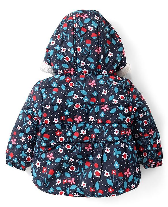 Babyhug Woven Full Sleeves Hooded Puffer Winter Wear Suit With Floral Print - Blue
