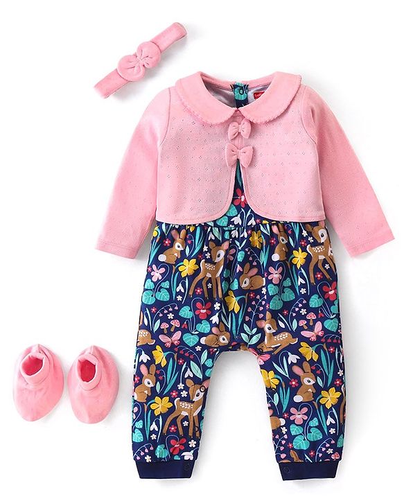 Babyhug 100% Interlock Cotton Knit Full Sleeves Romper With Booties & Headband With Bow Detailing - Multicolour