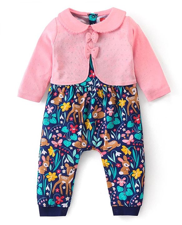 Babyhug 100% Interlock Cotton Knit Full Sleeves Romper With Booties & Headband With Bow Detailing - Multicolour